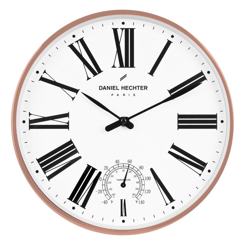 Daniel Hechter Paris Meuse Collection Wall Clock, Silent Sweep Non-Ticking, Temperature Display, 12 inch(30cm) White Dial, Gold Metal Frame, Modern Decorative Clock for Home & Office - DHCL1003
