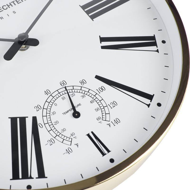 Daniel Hechter Paris Meuse Collection Wall Clock, Silent Sweep Non-Ticking, Temperature Display, 12 inch(30cm) White Dial, Gold Metal Frame, Modern Decorative Clock for Home & Office - DHCL1003