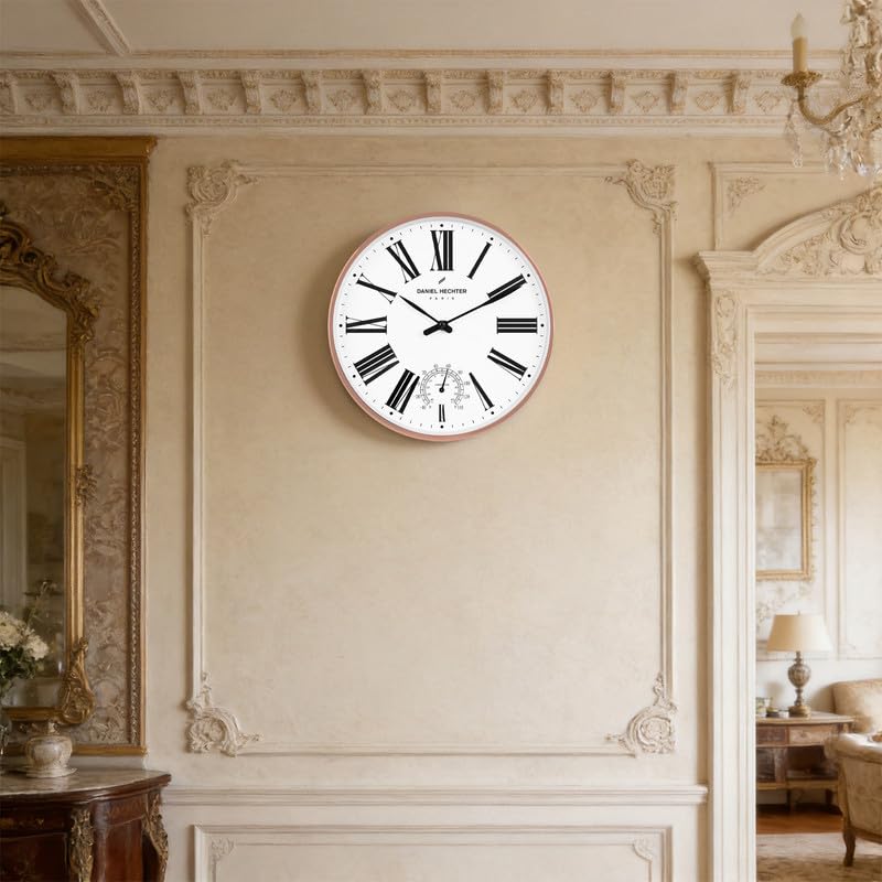 Daniel Hechter Paris Meuse Collection Wall Clock, Silent Sweep Non-Ticking, Temperature Display, 12 inch(30cm) White Dial, Gold Metal Frame, Modern Decorative Clock for Home & Office - DHCL1003