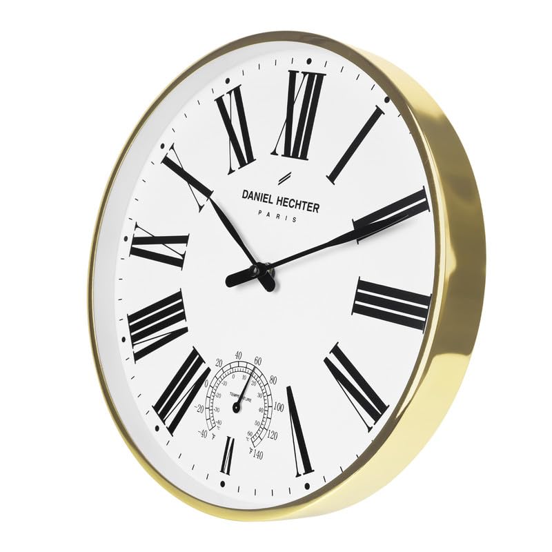 Daniel Hechter Paris Meuse Collection Wall Clock, Silent Sweep Non-Ticking, Temperature Display, 12 inch(30cm) White Dial, Gold Metal Frame, Modern Decorative Clock for Home & Office - DHCL1003