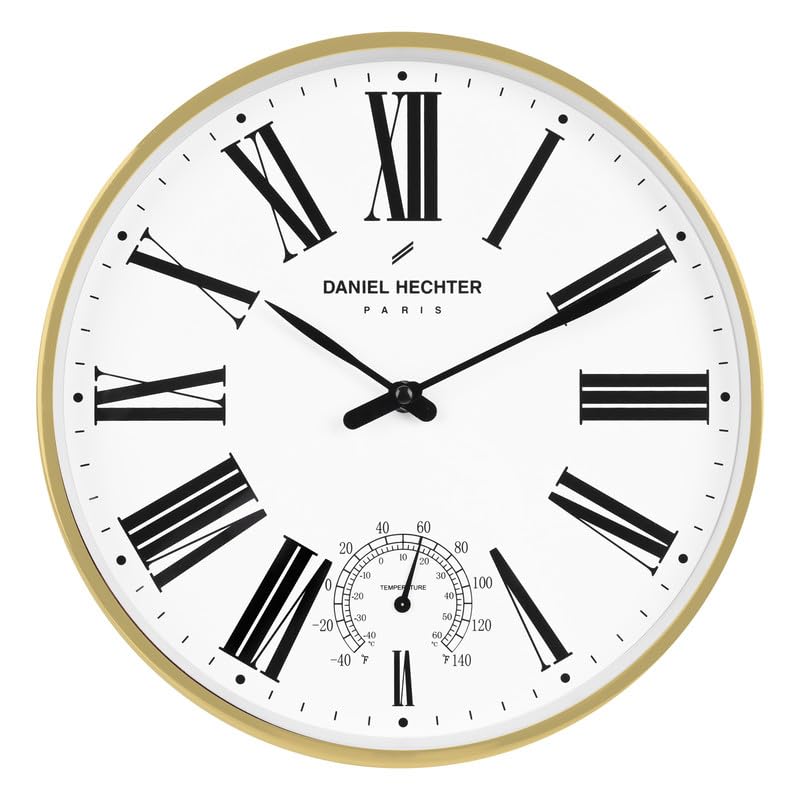 Daniel Hechter Paris Meuse Collection Wall Clock, Silent Sweep Non-Ticking, Temperature Display, 12 inch(30cm) White Dial, Gold Metal Frame, Modern Decorative Clock for Home & Office - DHCL1003