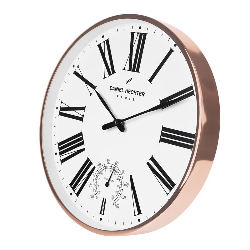 Daniel Hechter Paris Meuse Collection Wall Clock, Silent Sweep Non-Ticking, Temperature Display, 12 inch(30cm) White Dial, Gold Metal Frame, Modern Decorative Clock for Home & Office - DHCL1003