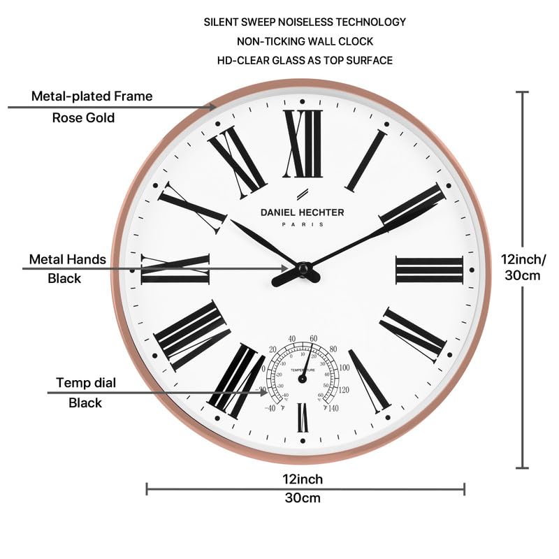 Daniel Hechter Paris Meuse Collection Wall Clock, Silent Sweep Non-Ticking, Temperature Display, 12 inch(30cm) White Dial, Gold Metal Frame, Modern Decorative Clock for Home & Office - DHCL1003