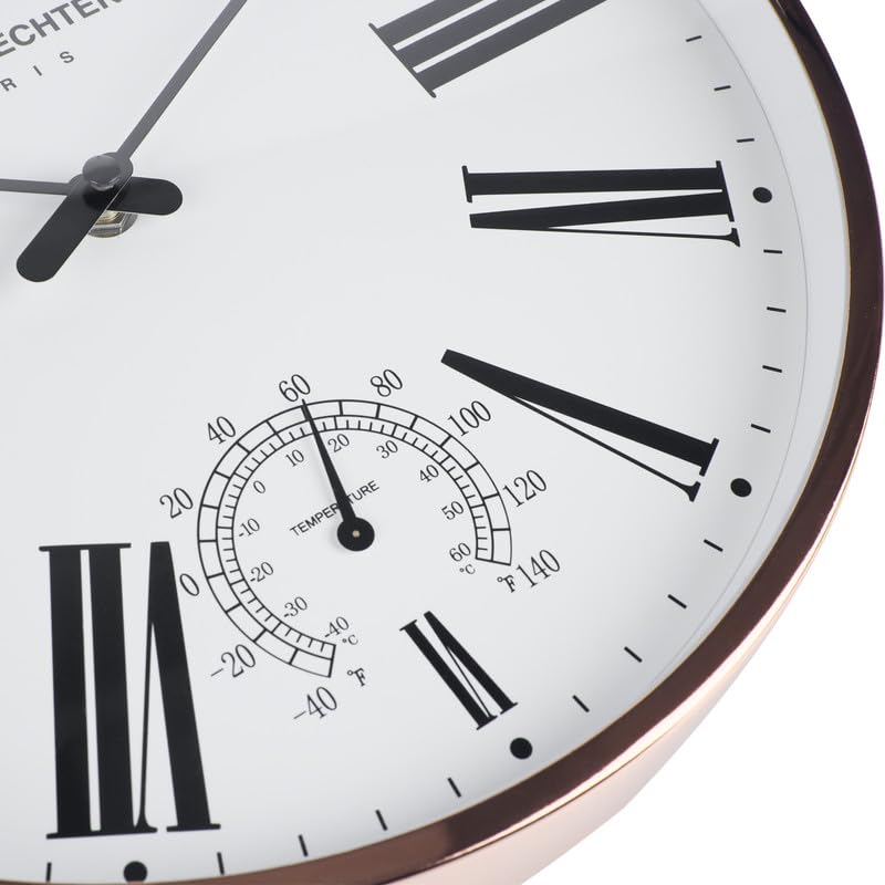 Daniel Hechter Paris Meuse Collection Wall Clock, Silent Sweep Non-Ticking, Temperature Display, 12 inch(30cm) White Dial, Gold Metal Frame, Modern Decorative Clock for Home & Office - DHCL1003