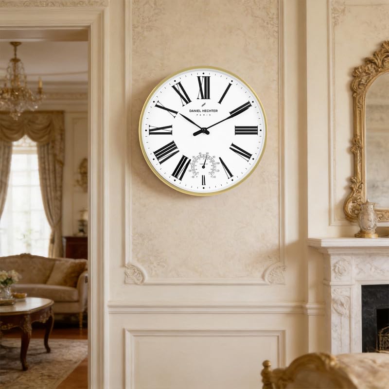 Daniel Hechter Paris Meuse Collection Wall Clock, Silent Sweep Non-Ticking, Temperature Display, 12 inch(30cm) White Dial, Gold Metal Frame, Modern Decorative Clock for Home & Office - DHCL1003