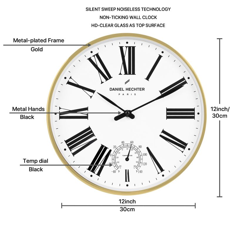 Daniel Hechter Paris Meuse Collection Wall Clock, Silent Sweep Non-Ticking, Temperature Display, 12 inch(30cm) White Dial, Gold Metal Frame, Modern Decorative Clock for Home & Office - DHCL1003