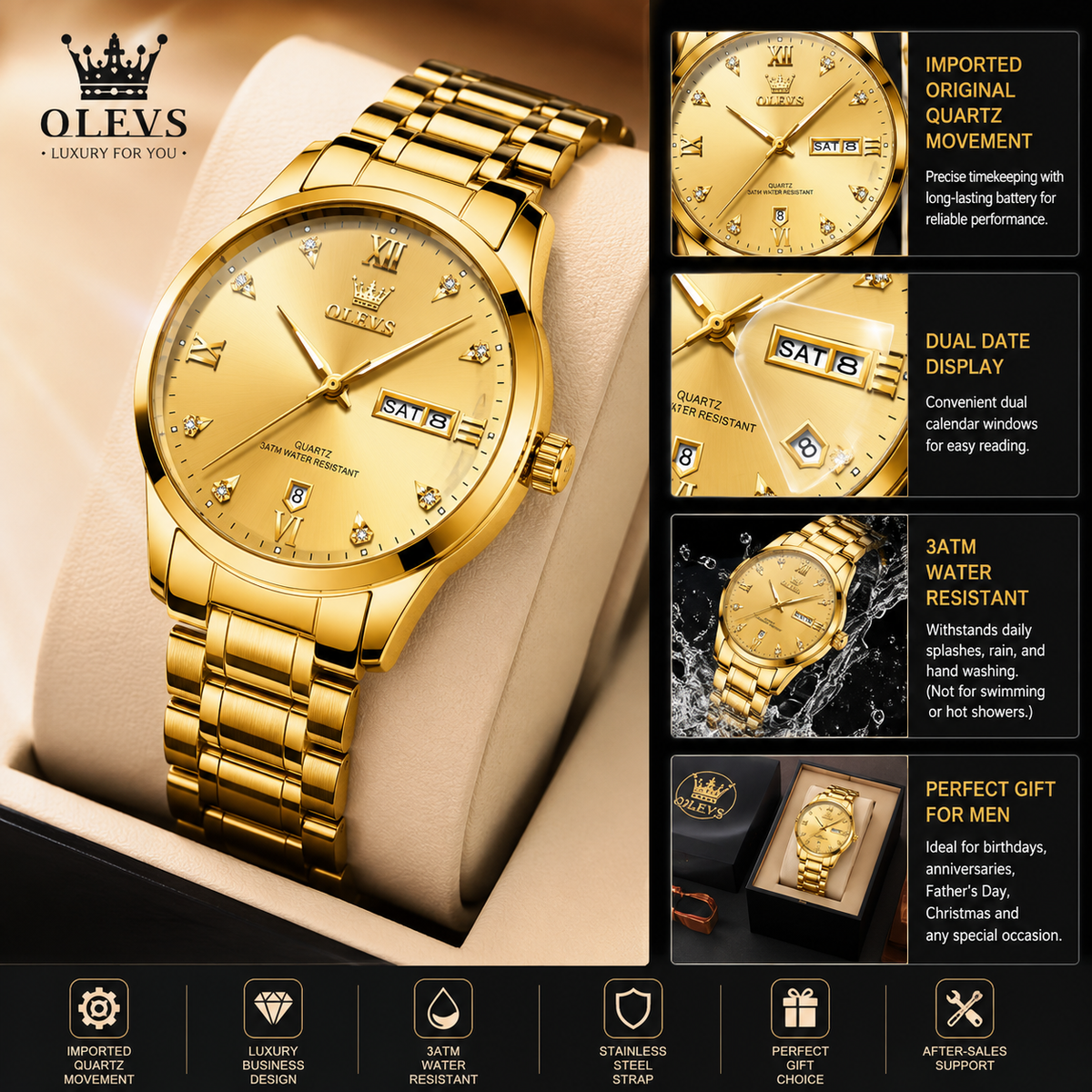 OLEVS Men's Luxury Gold Quartz Watch – Stainless Steel Business Analog Wristwatch
