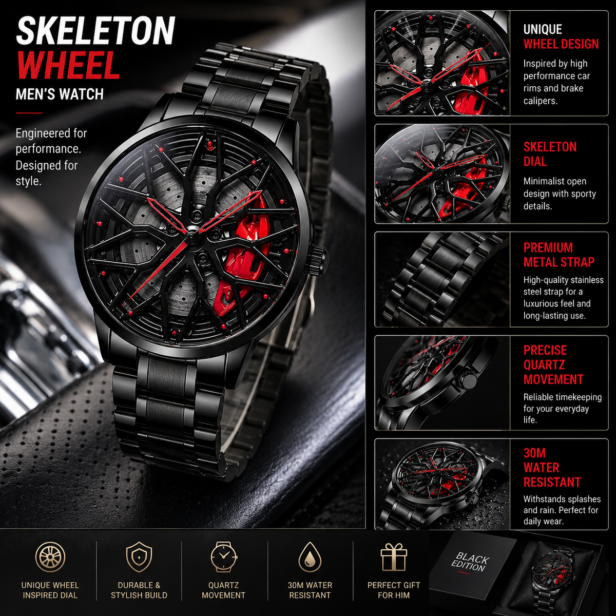 GOLDENIZE FASHION Branded Men's Sport Quartz Watch Car Wheel Multicolour Dial Wheel Dial 360 Rotating Casual Fashion Stainless Steel Alloy Mens &Boy's Luxury Metal Gift Creative Watch